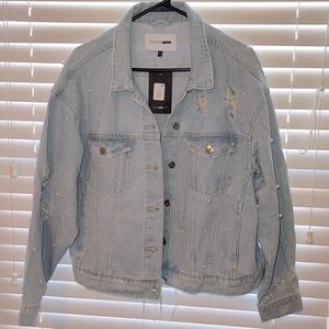 Show me your pearls light wash denim jacket, size XL, slightly oversized